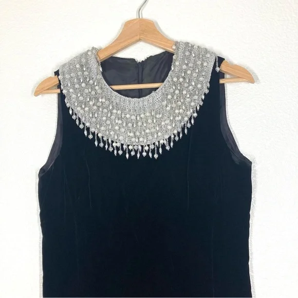 Joseph Magnin Vintage 70s Dress M velvet Embellished Black Silver stones Glam - Picture 3 of 16